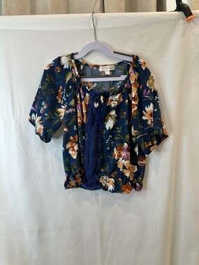 Love Glam Girl Floral Rayon Peasant Blouse with Crochet Trim and Tassels